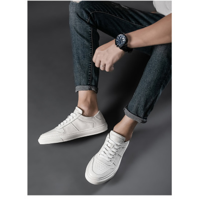 2021 spring new small white shoes men's leather top layer cowhide white European station flat trend casual board shoes